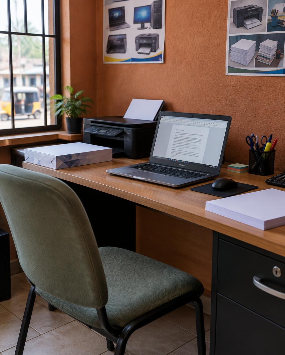 A tidy computer and printing workspace at Mega-Net Computers