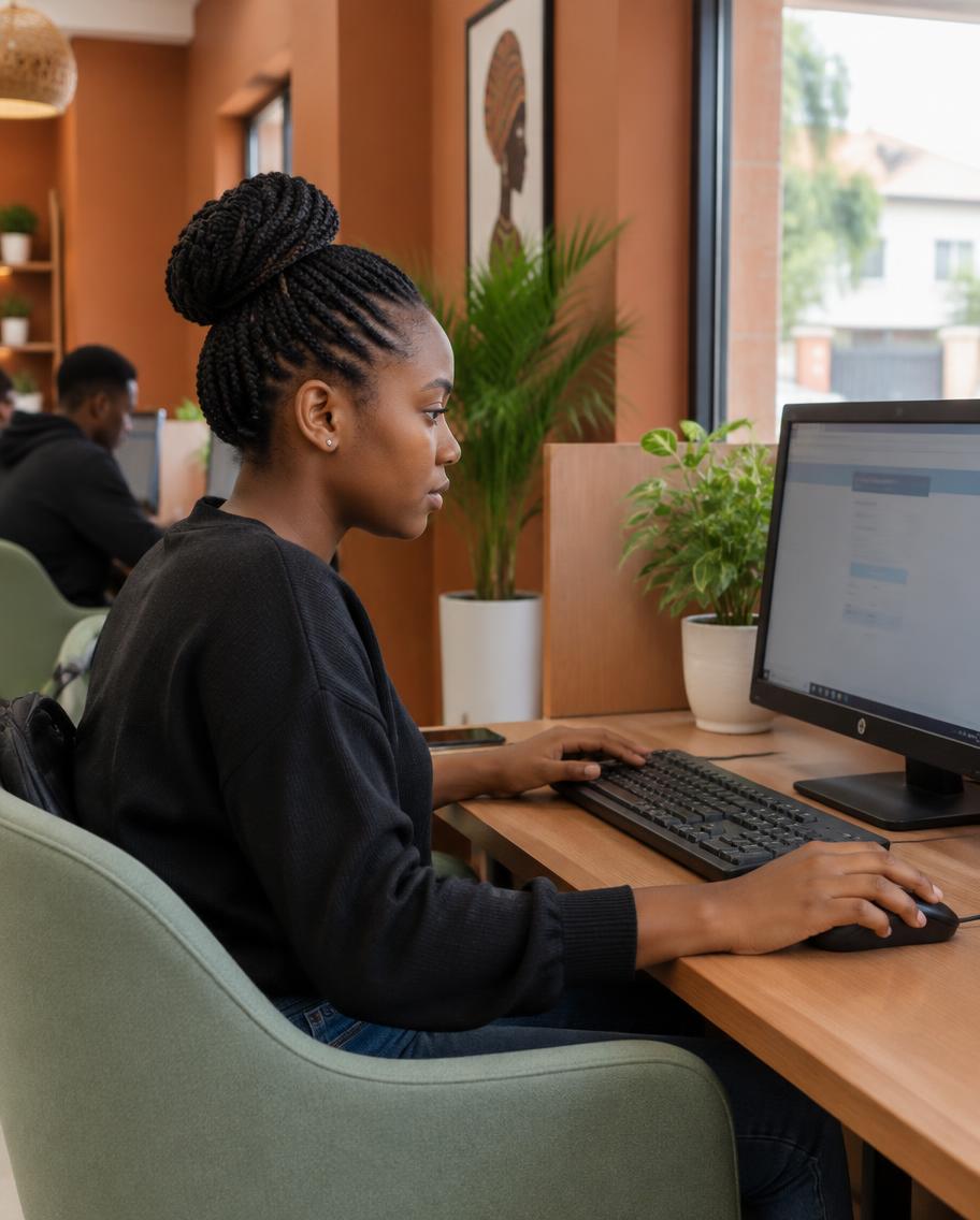 A student completing an online registration at a computer